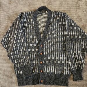 Peconic Bay traders Cardigan sweater Wool Blend Blue White Print Large Grandpa